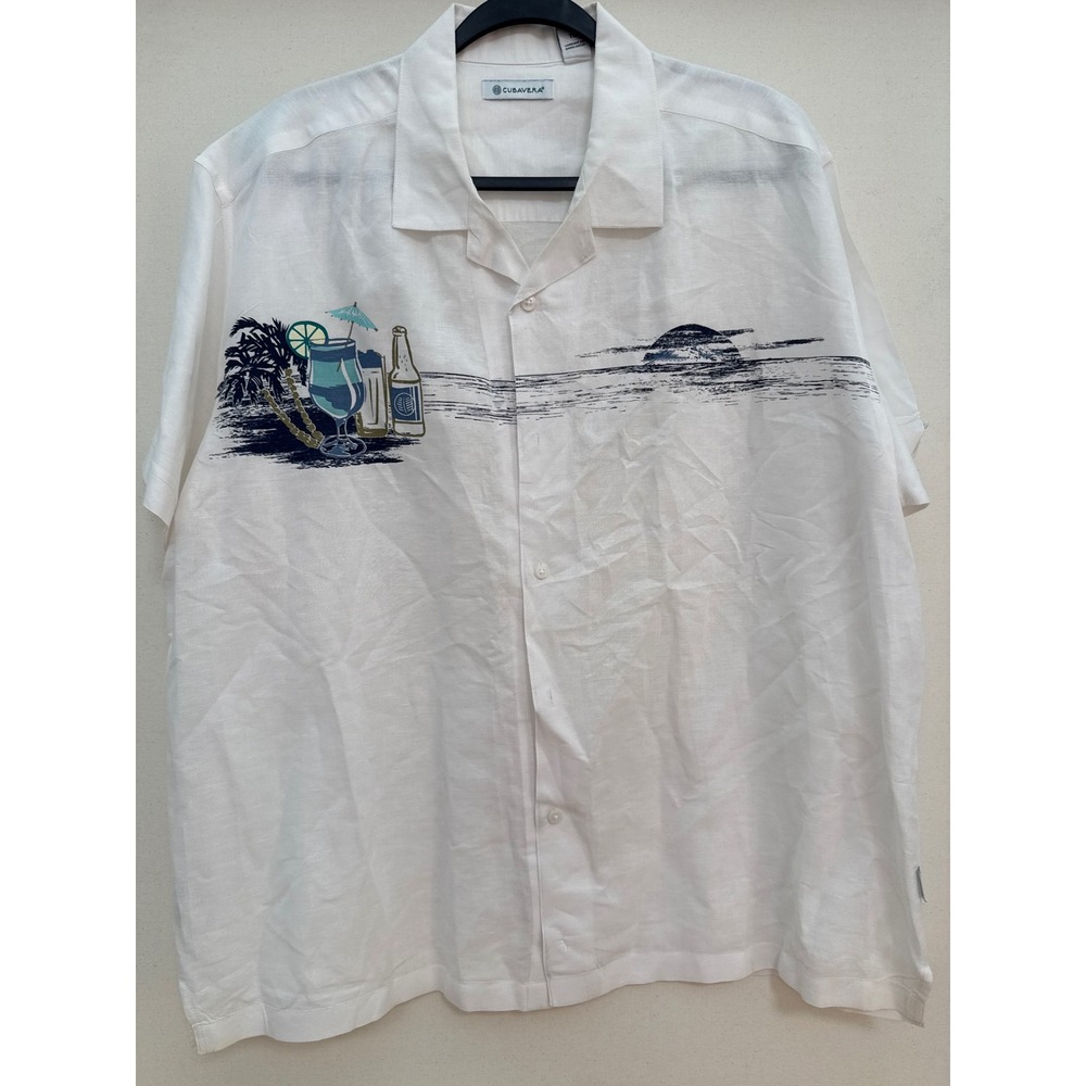 Cubavera Mens XL White Linen Blend Tropical Cocktail Sunset Camp Shirt SS
